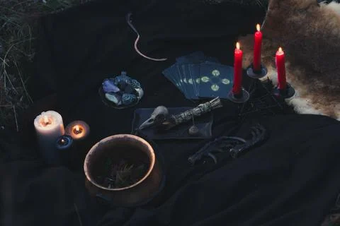 Close up witchcraft tools for magic concept photo Stock Photos