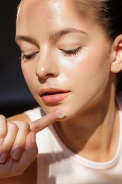Close-up of Woman Applying Acne Patch on Chin Stock Photos
