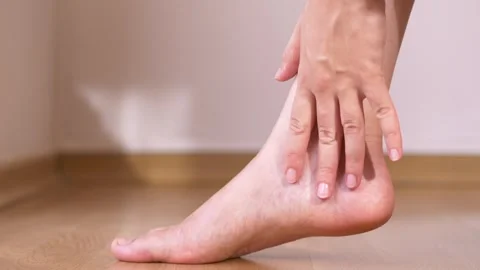 Close-up of woman carefully checking visible leg veins, feeling along skin Stock-Footage 321817424
