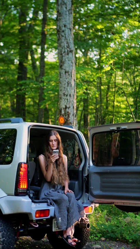 Close-up of a woman checking a smartphone while parked in an SUV... Video stock 340291016