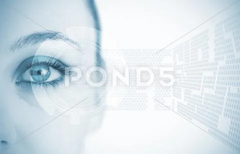 Close up of woman eye in blue with futuristic background Stock Photos