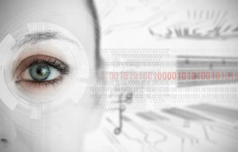 Close up of woman eye with futuristic interface showing binary codes Stock Photos