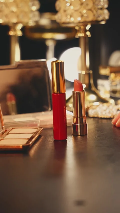 Close-up woman hand at makeup table with mirror various natural cosmetics Stock Footage 342413875