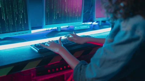 Close-up of Woman hand programmer typing keyboard Stock Footage 228940780