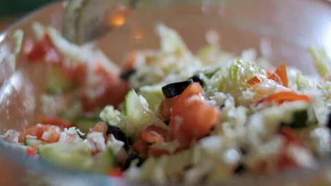 Close Up Woman Hands Making Fresh Greek Salad on Organic Vegetables. Housew.. Stock Footage 346103442