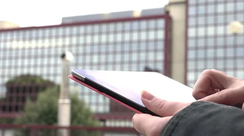 Close up of woman hands with tablet computer outdoors Stock Footage 56238648