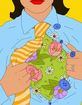 Close up of woman in necktie pulling button down shirt open to reveal a garden Stock Illustration
