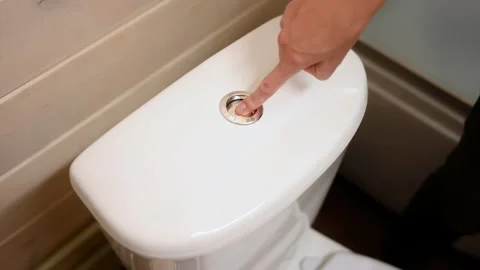Close-up of a woman pressing the flush button in the toilet. Concept of the Video stock 264598774
