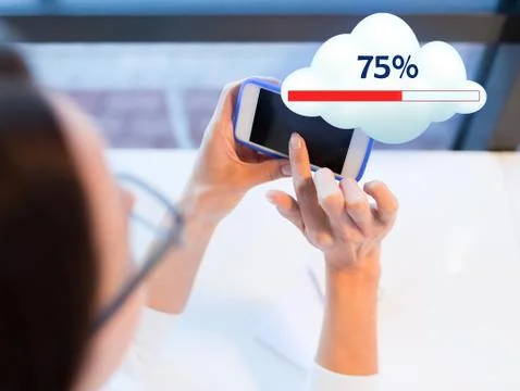 Close up of woman with smartphone cloud computing Stock Photos
