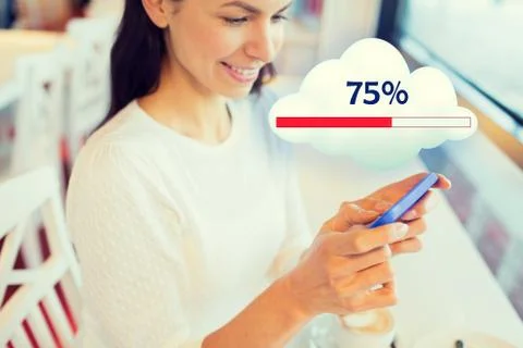 Close up of woman with smartphone cloud computing Foto stock