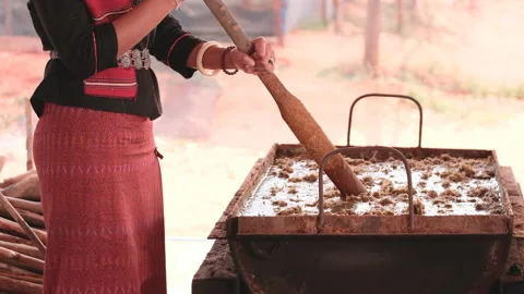 Close up woman use timber or wood spatula to mix of mixture elephant poop Stock Footage 155413471