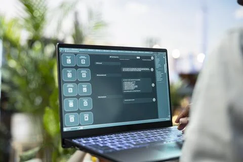 Close up of woman using AI model on laptop in rooftop garden 스톡 사진