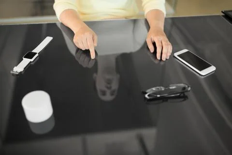 Close up of woman using black interactive panel Stock Photos