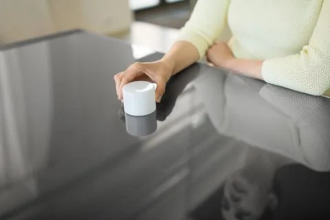 Close up of woman using black interactive panel Stock Photos