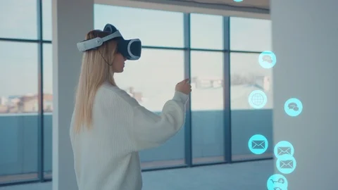 Close up woman using making gestures swipe when wearing virtual reality blue Stock Footage 126807951