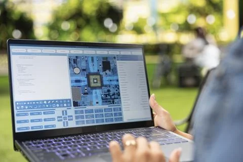 Close up of woman using software with microchip and circuit board interface Stock Photos