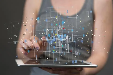 A close up of a woman using on tablet a 3d render abstract lines with dots ov Stock Photos