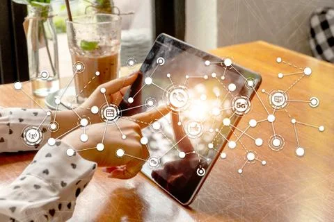 Close up of woman using tablet. Stock Photos