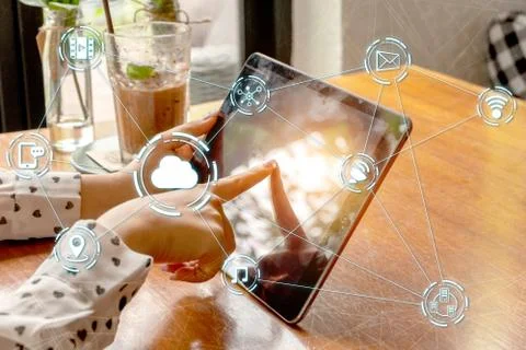 Close up of woman using tablet. Stock Photos