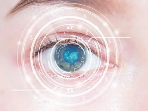 Close-up of woman's blue eye. High technology in the futuristic Illustrazione stock