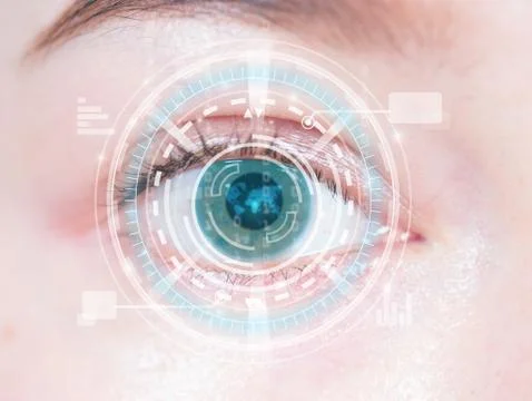 Close-up of woman's blue eye. High technology in the futuristic 库存插图