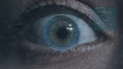 Close-up of womans eye opens anxiously with an infographic demonstration Stock Footage 151256430