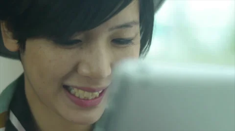 Close Up of A Woman's Face On A Train, Smiling At The View Stock Footage 35271209