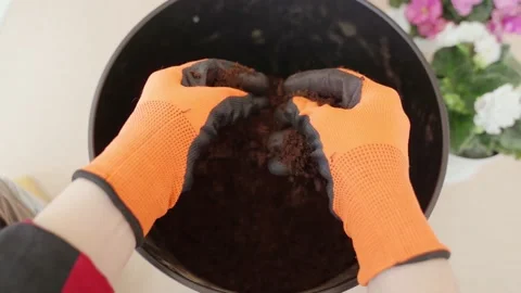 Close-up of a woman's gloved hands shredding and shoveling soil in a basin Video stock 201886278