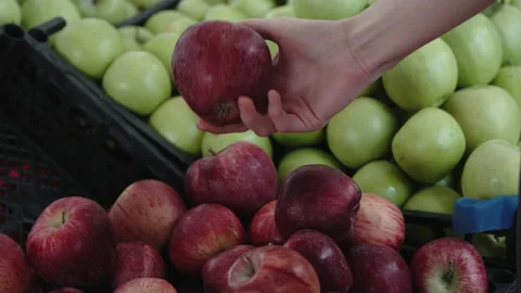 Close-up of a woman's hand choosing red apples in a supermarket. Stock Footage 230610798