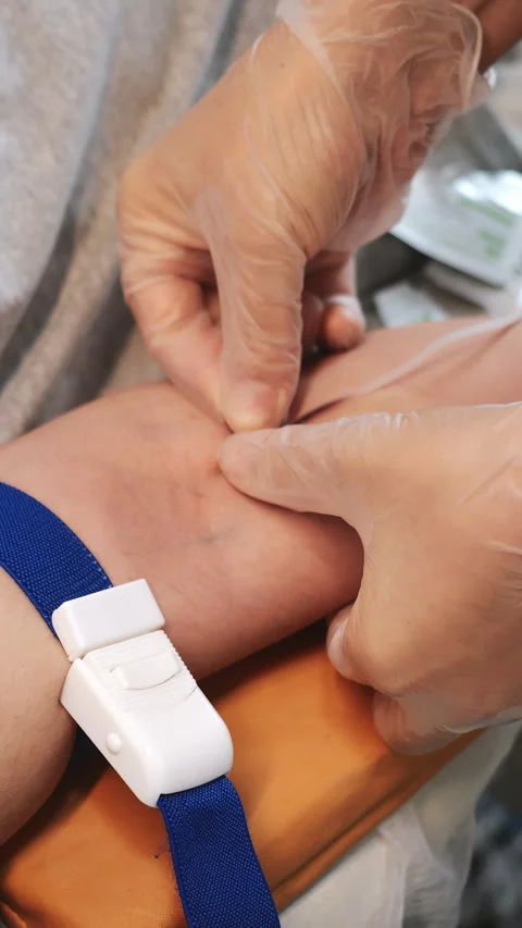 Close-up of a womans hand with a drip of medicine in a modern medical clinic. Stock Footage 313515696