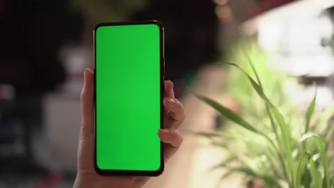 Close up of a woman's hand holding a mobile telephone with a vertical green Stock Footage 148633865