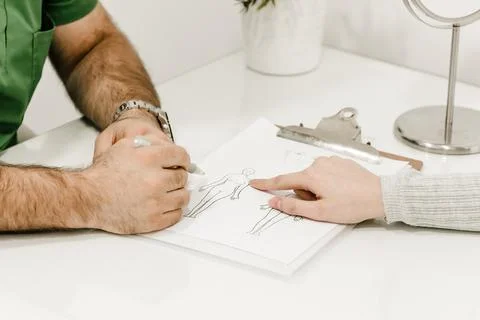 Close-up of a woman's hand pointing at a document in a consultation with a .. Stock Photos