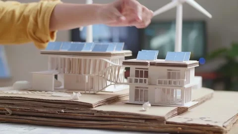 Close Up Of Woman'S Hand Putting The Solar Panel On The Roof Of A Small Model Stock Footage 193664460