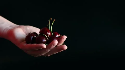 Close-up of a woman's hand with a ripe cherry in her palm Stock Footage 277907343
