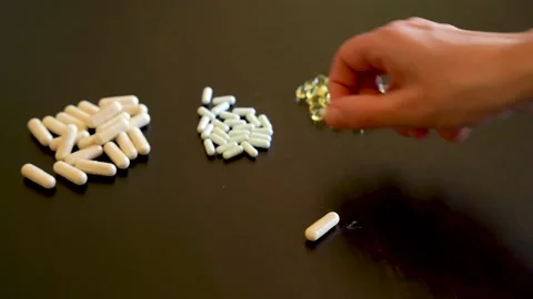 Close up of a woman's hand selecting a variety of pills. 库存影片 157818252