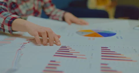 Close-up, a woman's hand shows indicators on the charts. Presentation of a Stock-Footage 172448841