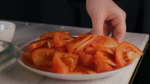 Close-Up, Woman's Hand Spread Tomato on Cheese Paste Stock Footage 104628244