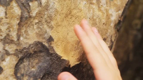 Close-up of woman's hand touching rock in hillside. Travelling concept Stock Footage 99704193