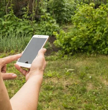 Close-up of a woman's hand using a smartphone to send a message against the b Stock-Fotos