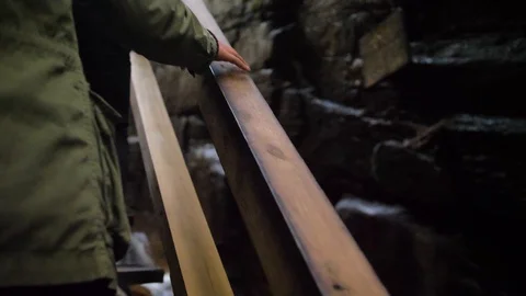 Close-Up of Woman's Hand on Wooden Path, National Forest Mountains Hikers Nature Video stock 102401171