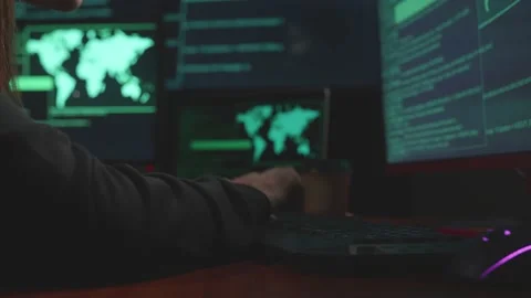 Close Up Woman'S Hands Hacker Using Computer Hacking, Code On Multiple Computer Stock Footage 161458051