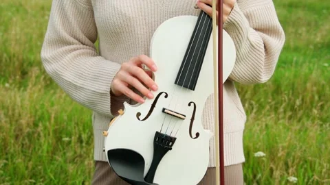Close-up of a woman's hands holding a white violin. The girl is a musician. Vídeo Stock 281672235