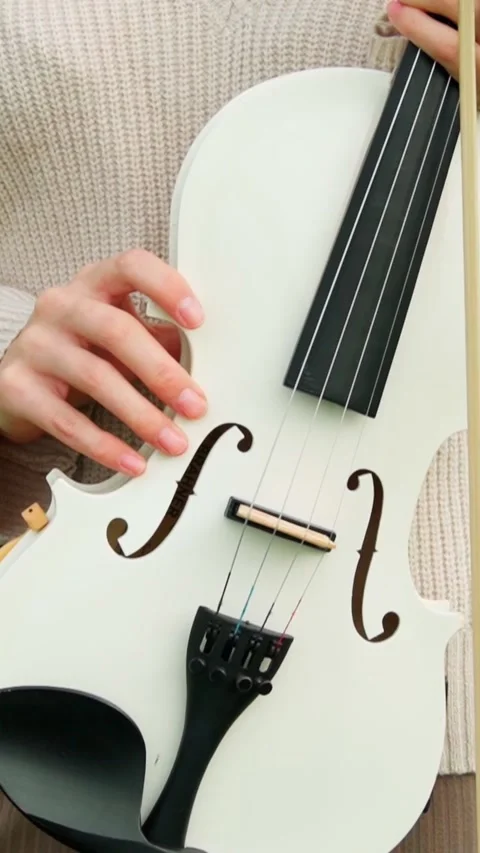Close-up of a woman's hands holding a white violin. The girl is a musician. Stock Footage 285305113