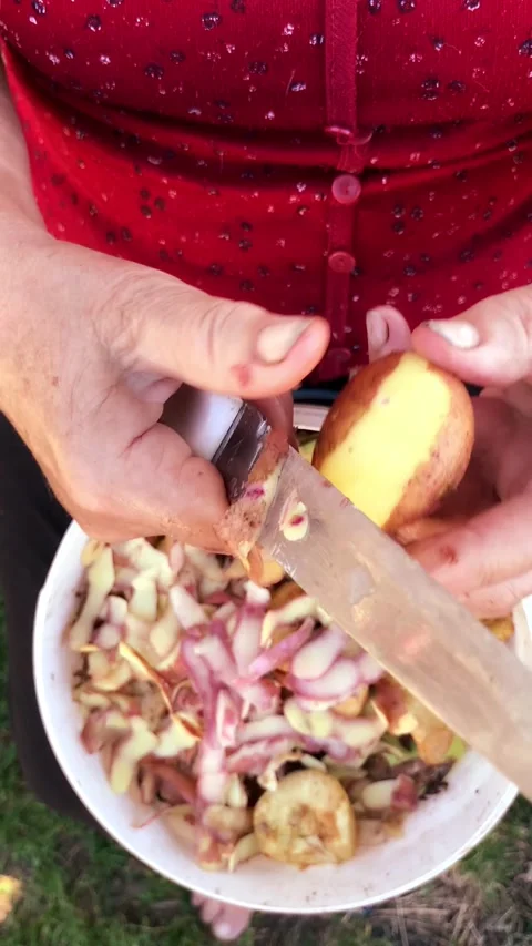 Close-up of a woman's hands peeling potatoes with a knife. Stock Footage 340250564
