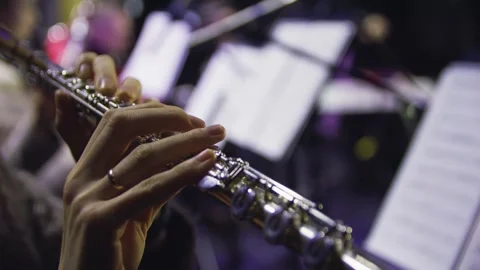 Close-up of woman's hands playing the flute at the concert. Orchestra. Stock Footage 303408053