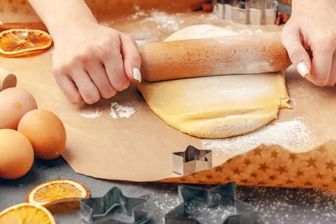 Close up of Woman's hands preparing dough for cookies Stock Photos