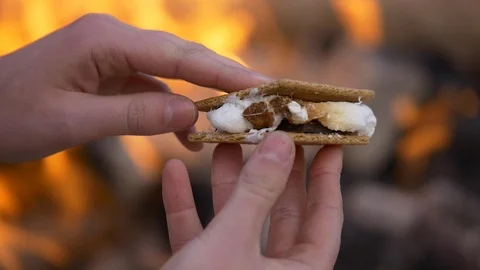 Close up of a woman's hands roasting a marshmallow on open fire. Stock Footage 100649422