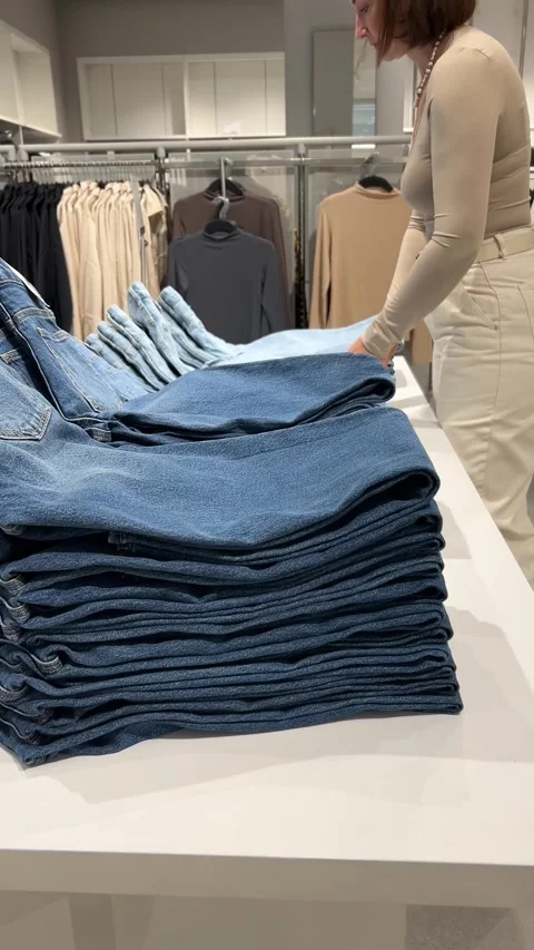Close-up: womans hands sort through stack of jeans on clothing store shelf Stock Footage 289573270