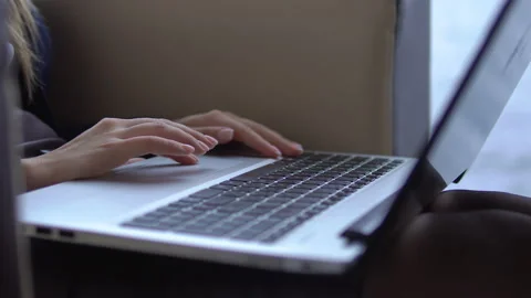 Close up of woman's hands typing and working with the laptop. Stock Footage 86257463
