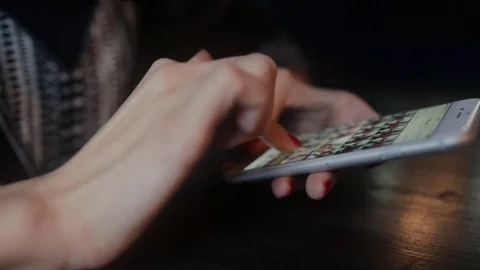 Close Up of Woman's Hands Using Mobile Phone at Coffee Break Stock Footage 73630672